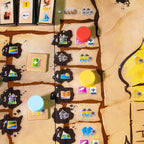 Board game with various icons and pieces on a map-like board