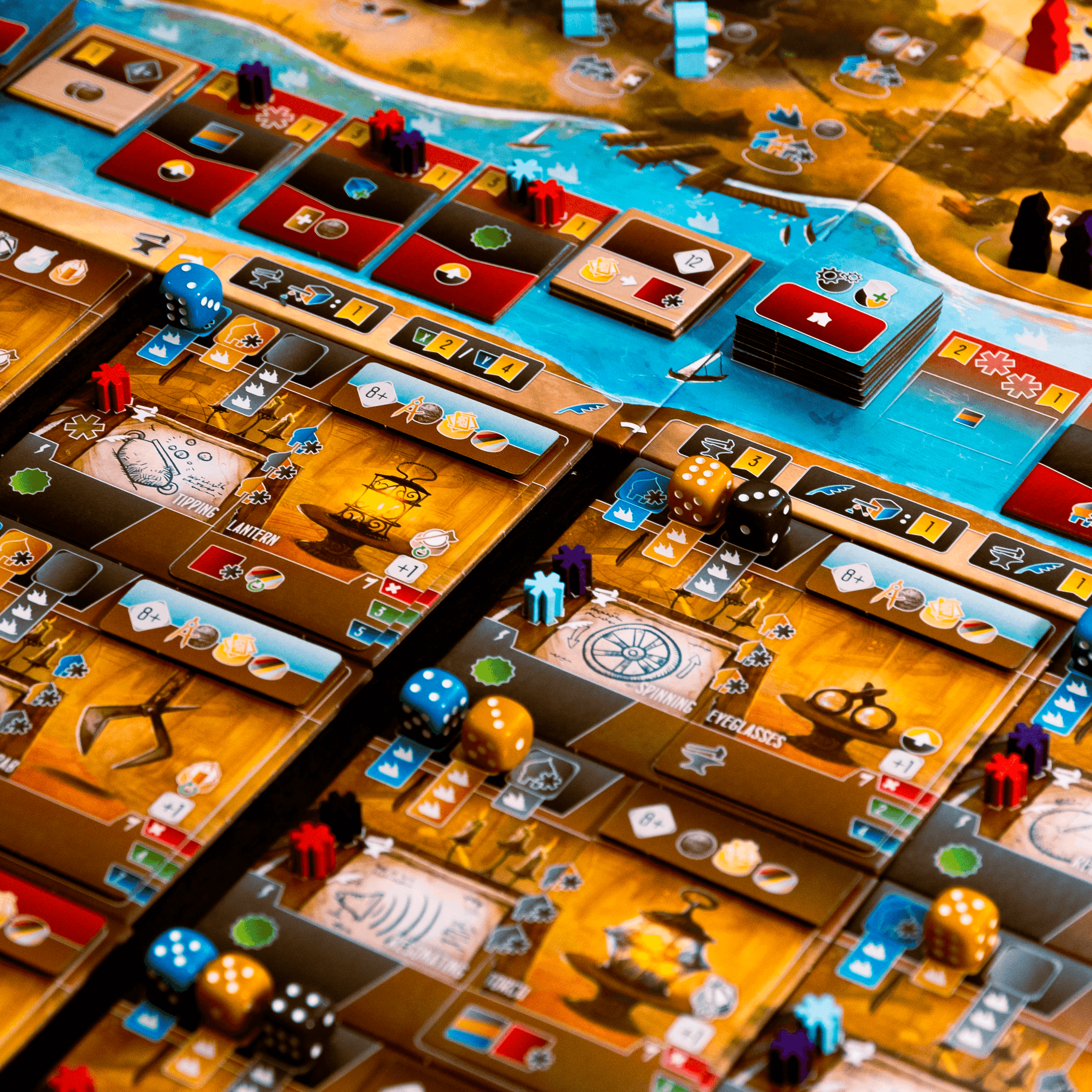 Close-up of a board game with various pieces and dice on a wooden table.