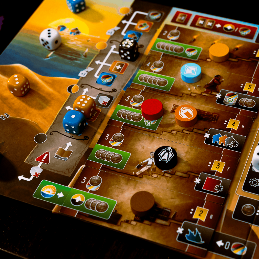 Close-up of a board game with various components and dice on a wooden surface.