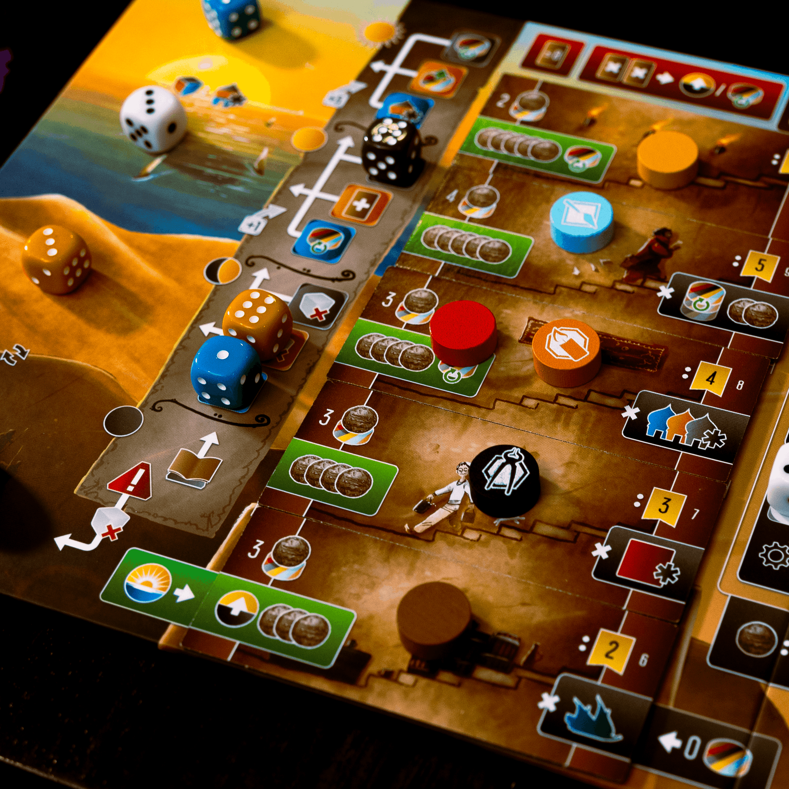 Close-up of a board game with various components and dice on a wooden surface.