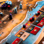 Board game with colorful pieces and cards on a map-like board