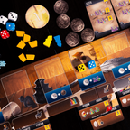 Board game with cards, dice, and game pieces on a dark surface